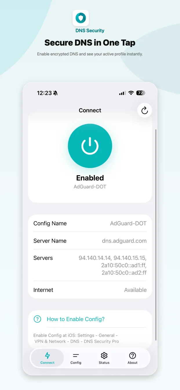 DNS Security app with encrypted DNS enabled