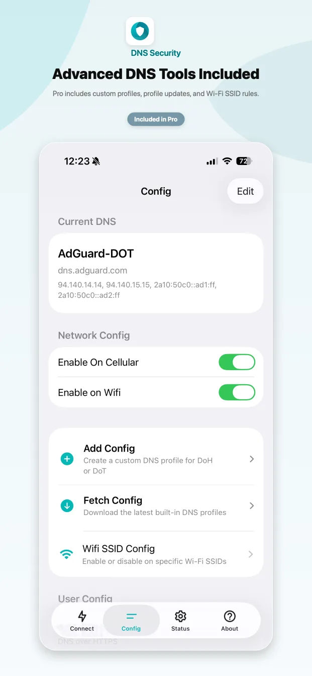 DNS Security Pro screen showing all Pro features included
