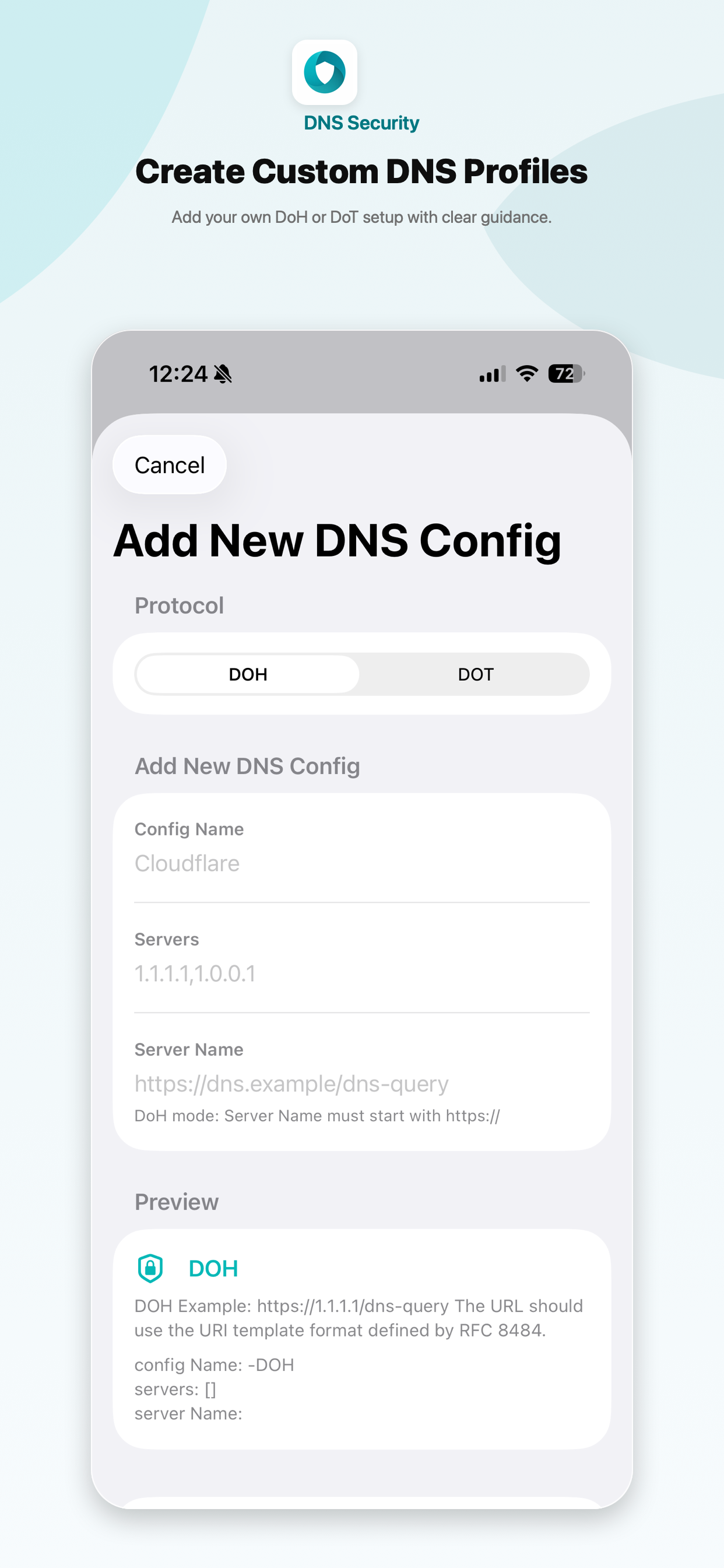 DNS Security custom DNS profiles screen