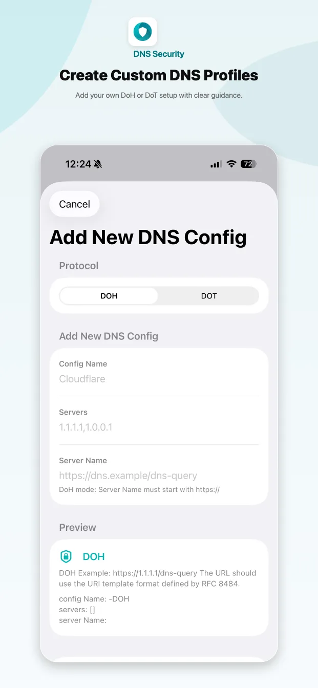Screen for adding a custom DNS over HTTPS or DNS over TLS profile