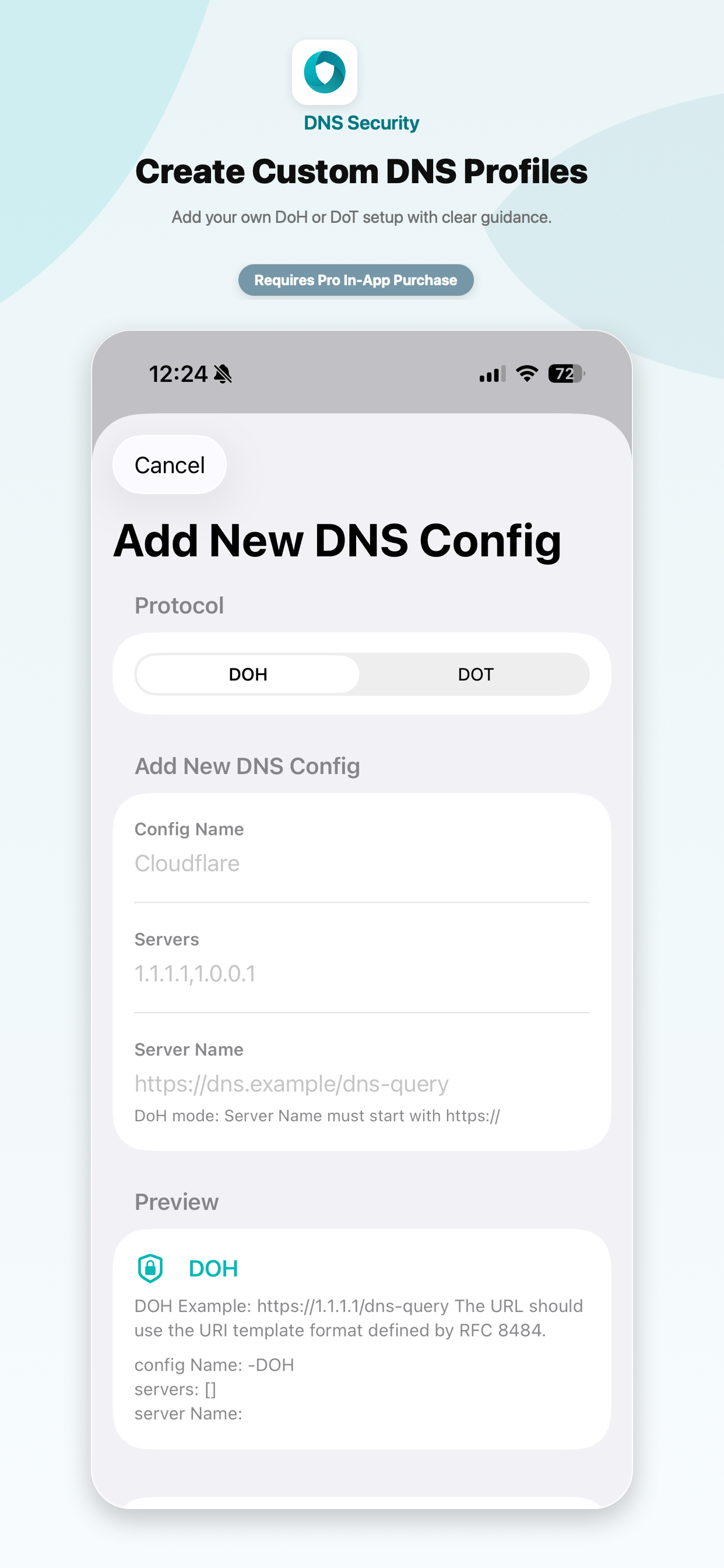 DNS Security Pro-only custom DNS profile screen
