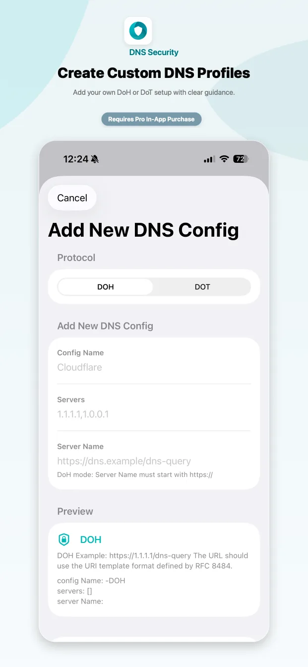 DNS Security Lite showing custom DNS profiles as a Pro feature